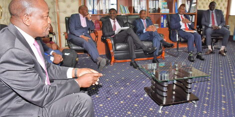 Health Cabinet Secretary Mutahi Kagwe when he held a consultative meeting on Covid-19 response with officials from the ministry, the Kenya Healthcare Federation and CEOs from the Kenya Association of Private Hospitals at Afya House on Thursday, March 26, 2020.