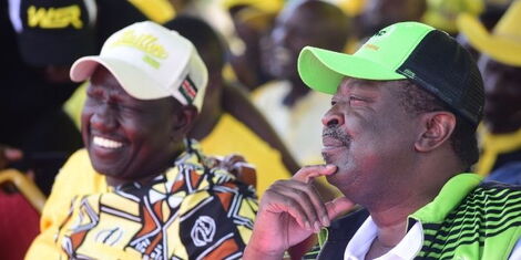 Deputy President William Ruto together with ANC leader Musalia Mudavadi at a rally in Kirinyaga County on January 29, 2022.