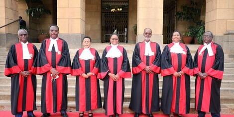 Supreme Court judges, from left: Justices Isaac Lenaola, Smokin Wanjala, Philomena Mwilu (DCJ), Martha Koome (CJ), Ibrahim Mohammed, Njoki Ndungu and William Ouko outside the apex court premises on Thursday, March 31, 2022