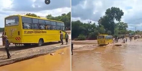 A collage of school bus that drowned in Enziu River in Kitui County.