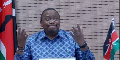 President Uhuru Kenyatta (right) gesturing during a virtual forum on June 26, 2020.