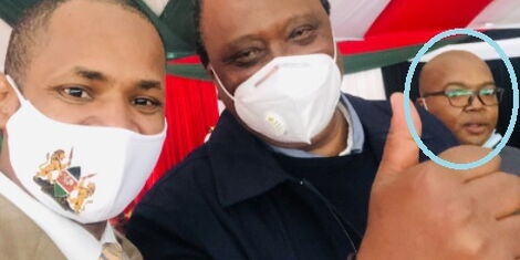 Embakasi East MP Babu Owino with President Uhuru Kenyatta and Lands PS Dr Nicholas Muraguri (Back).