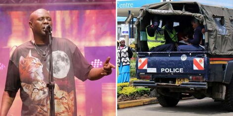 A photo collage of musician Ken wa Maria singing at a local club in Nairobi on June 13, 2021, and a police car during a past raid.